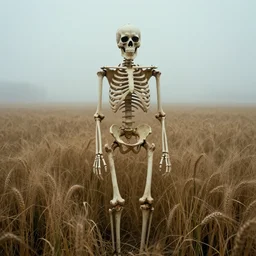 a skeleton standing in a stomry, foggy wheat field, a scene from the x - files, fine details