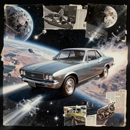 a collage with old magazine pictures with a car in outerspace