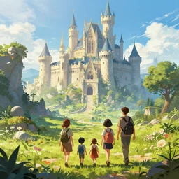 a family walks through a fantasy landscape with a gigantic castle in the background, Artstation