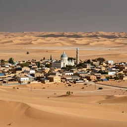 large densely packed western town in the middle of a sandy flat desert with a single mountain on the very distant horizon. magic the gathering art, digital media