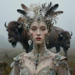 cinestill 5 0 d photography of a dystopian stunning face and neck beautiful ornament, rembrandt, oil, ink, feathers, bison, dystopian house, dress are intricate ornamental dress, rainy and foggy scenic dystopian environment, elegant, highly detailed, soft blur, artstation, sharp focus, head in focus, dreamy tonal matt colors