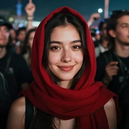 a ultra high resolution close - up of a beautiful young woman standing in crowd of psytrance music festival at night, looking down at the camera. her face is partially obscured by a red scarf, and she has a smiling expression. the light is dim, and the colours are muted. kodak etkar 8 0 0, 8 0 mm lens, close up view,
