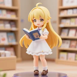 full body portrait of a happy blonde nendoroid anime girl with long hair, in a cute dress, reading a book, depth of field, detailed store environment as background, 8 k resolution, hyperrealistic, octane render