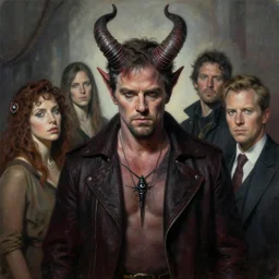 matt damon as horned satan, intricately detailed painting by magali villeneuve, jeremy mann, and ross tran.