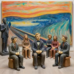 very different people seated made out of clay and plastic, 3 d, interior room, edvard munch, obsidian statues, scene from the godfather, crowd of smiles, miles johnston, cynical realism, lucian freud, monet, bruce bickford masterpiece, turquoise and orange and pink, ruan jia