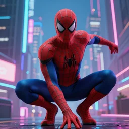Spider man in a futuristic neon city, 4k, HD, Hyper realistic, high resolution, intricate detail, neon, vibrant, realistic