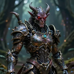 5 5 mm close up portrait photo of an armored biomechanical demon looking at the camera, in a magical forest. dark atmosphere. art by greg rutkowski and luis royo. highly detailed 8 k. intricate. lifelike. soft light. nikon d 8 5 0.
