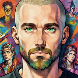 beautiful anime of a man 👨🏻🦲 with short beard and green eyes, no hair, by sherree valentine daines, peter mohrbacher, alice neel, donato giancola, mike winkelmann, laurie greasley. trending on artstation, 8 k, masterpiece, graffiti, fine detail, full of color, intricate detail, golden ratio illustration, face detail
