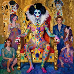 a 🦒 queen sitting on her throne, psychedelic, patterned skin, trending on artstation, photorealism!!, vibrant colors, digital art, in the style of harumi hironaka, gustav klimt, egon schiele, coby whitmore, david bates, monet, lisa frank, picasso.