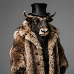 portrait photography of a anthropomorphic mutant with the upper body of a musk ox, wearing a long fur coat and a top hat.