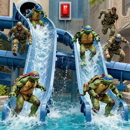 ninja turtles escape and two military ( american uniform ) ran to sound the alarm and all the turtles began to descend the water slides, greg rutkowski very coherent symmetrical artwork. cinematic, hyper realism, 4 k,