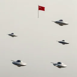 a fleet of ufos flying mysterious flags, high angle, stylized, sparse detail, by mati klarwein, picasso and moebius