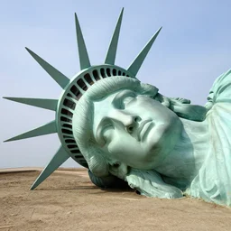 giant statue of libertys head with crown lying sideways on the ground