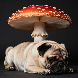 portrait of a pug sleeping under a amanita mushroom, dark background, studio light, hdr, nikon 2 4 mm f / 1. 8 g, by sebastiao salgado