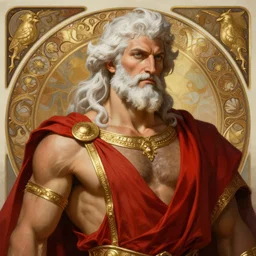 painted portrait of rugged zeus, god of thunder, greek god, white hair, masculine, mature, handsome, upper body, red and gold, muscular, hairy torso, fantasy, intricate, elegant, highly detailed, digital painting, artstation, concept art, matte, sharp focus, illustration, art by gaston bussiere and alphonse mucha