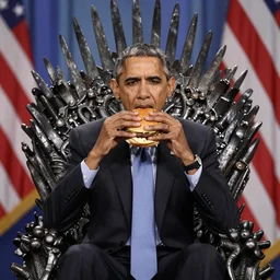 barrack obama, sitting on the iron throne, eating a burger, anatomically correct