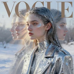 3 d, close - up, winter, liquid silver, fashion model, morning, sun rays, vogue cover style, poster art, hyper detail, intricate oil painting, multiple exposure, hell mood, 3 d, by tooth wu and wlop and beeple and greg rutkowski