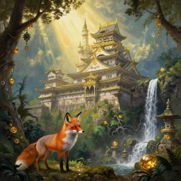fox in a fairy palace, castle towers, sunbeams, gothic towers, Japanese shrine waterfall, gold and gems, gnarly details, lush vegetation, forest landscape, painted by tom bagshaw, raphael lacoste, eddie mendoza, alex ross concept art matte painting