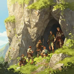 dnd adventurers hiding below a cliff, sunny, fantasy art, concept art, digital art, 4 k