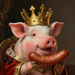pig wearing gold crown eating polish sausage, Realistic, Regal, Refined, Detailed Digital Art, Michael Cheval, Walt Disney (1937), François Boucher, Oil Painting, Steampunk, Highly Detailed, Cinematic Lighting, Unreal Engine, 8k