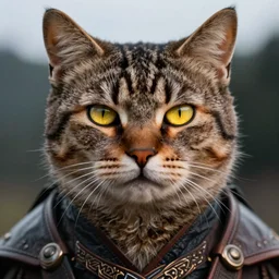 close macroshot detail portrait of cat as fantasy character wear in shirt and leather armor, male, elegant, tom cat, with yellow cat-eye eyes vertical pupil, digital fantasy art, hands straight down, insane,  under light, at late evening by greg rutkowski and thomas kinkade, Trending on artstation