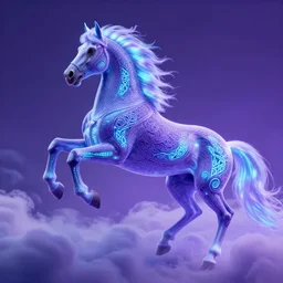 a stunning horse with bioluminescent mane and tail rearing in the clouds by sandra chevrier and greg rutkowski, purple blue color scheme, celtic neon runes, vaporware, retro, outrun, high key lighting, volumetric light, digital art, highly detailed, fine detail, intricate, ornate, complex, octane render, unreal engine, photorealistic