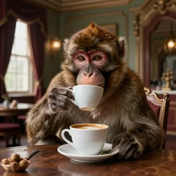 Portrait of a macaque inside the Victorian mansion sipping coffee