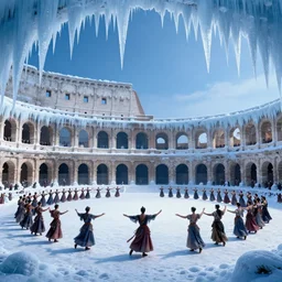 a cinematic landscape view of a polovstian dances and chorus in a colloseum, winter, icicles, blue hanging drapery on ceiling showing stars, digital painting, fantasy, art by alexandre mahboubi christophe oliver jan brueghel the elder