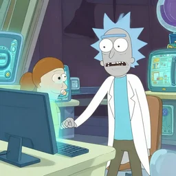 movie still of a rick and morty episode where ai computers take over the world