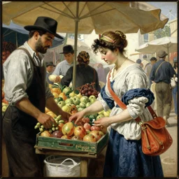 a detailed painting of a woman at a market place buying fruit from a merchant, painting by gaston bussiere, craig mullins, j. c. leyendecker