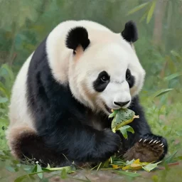 panda eating a dinosaur, oil painting