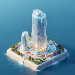 A beautiful isometric digital artwork of a futuristic glasspunk condo by the ocean, trending on artstation, cgsociety, 3D render, octane render, PBR, volumetric lighting.  Clean lines, organic architecture, luminous.