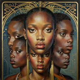 a streamline moderne, art nouveau, multi - ethnic and multi - racial portrait in the style of larry elmore, and in the style of donato giancola, and in the style of charles dulac. intelligent, expressive, very large eyes. symmetry, ultrasharp focus, dramatic lighting, photorealistic digital painting, intricate, elegant, highly detailed, symmetrical.