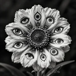 a flower with illustrations of various eyes on its petals, intricate drawing, psychedelic art, black and white screenpress image