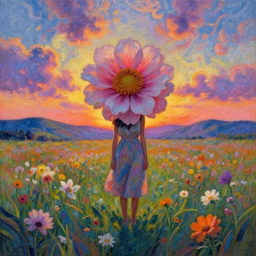 large flower afro, full body, girl standing in the middle of a field with flowers, surreal photography, hills, sunrise dramatic light, impressionist painting, colorful clouds, digital painting, pointillism, artstation, simon stalenhag