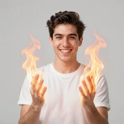 a happy white spanish - jewish - latino man in his early 4 0 s, divine fire is enveloping his body and head, the man is wearing a plain t - shirt of burgundy color, digital art by artgerm