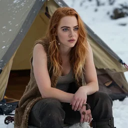 pensive face portrait, muscled Emma Stone setting up camp, snowy winter scene, warm clothes, Boris Vallejo, Donato Giancola, Mark Brooks, Ralph Horsley, Charlie Bowater, Artgerm, Christopher Balaskas, Bastien Lecouffe-Deharme