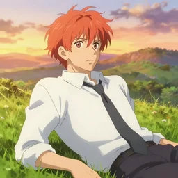 anime art full body portrait character concept art, anime key visual of elegant male, light orange - red hair, messy hair and large eyes, white formal shirt and tie, finely detailed perfect face delicate features directed gaze, laying down in the grass at sunset in a valley, trending on pixiv fanbox, studio ghibli, extremely high quality artwork