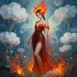 a beautiful dark fire priestess fairy in a cyberpunk garden with cloud flowers, elegant pose, realistic illustrative painting, artgerm, visionary arts, huang guangjian