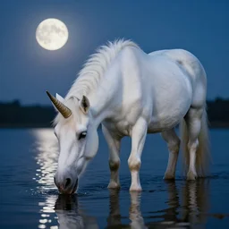 amazing white unicorn photo drinking water from a lake while the moon shines on its beautiful fur by marc adamus, beautiful dramatic lighting