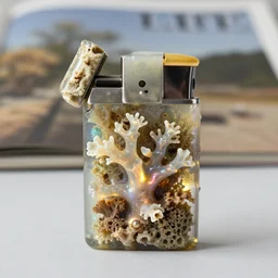 realistic product photo of a lighter designed covered in shriveling dead semi - translucent iridescent coral reef, emitting aura, the lighter is designed by dieter rams, 1 9 6 0, life magazine photo, natural colors, metropolitan museum, kodak, 8 k, very detailed, high resolution, product photo,