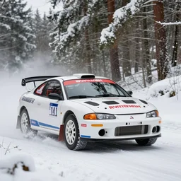 a 2 0 0 6 mitsubishi eclipse gt, racing through a rally stage in a snowy forest