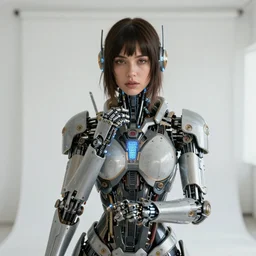 centered portrait of soulful ana de armas as a solarpunk mecha humanoid robotic parts with bright led lights, real human face, pudica gesture bouguereau style, in white room, ultra - realistic and intricate, soft portrait shot 8 k