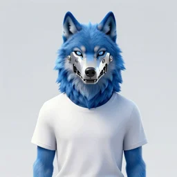 digital art of a blue wolf in a tshirt and a robotic mask