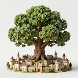 a matte painting of a gigantic oak tree, with a miniature medieval city build between its roots, and many small hanging treehouses on the tree branches.