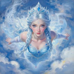 painting by krenz cushart!!, portrait of a beautiful ice princess floating in the clouds, finely detailed features, intricate brush strokes, beautiful lighting, trending on pixiv fanbox.