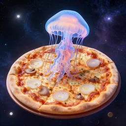 jelly fish on a pizza in a nebula, outer space with onions