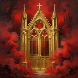 a painting of a golden gothic gate surrounded by red smoke, a detailed matte painting by anato finnstark, trending on cgsociety, gothic art, hellish background, apocalypse landscape, matte drawing