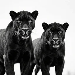 two panther black and white portrait white sky in background