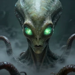 grotesque alien with long forehead. green semitransparant cloudy glowing faceted eyes. high quality photorealistic octane render 4 k, hyperrealism, volumetric fog, serious, dark, fear, concept art of h. r. giger, trending on artstation, symmetric, horror, gigantic kaiju looking down worms - eye - view